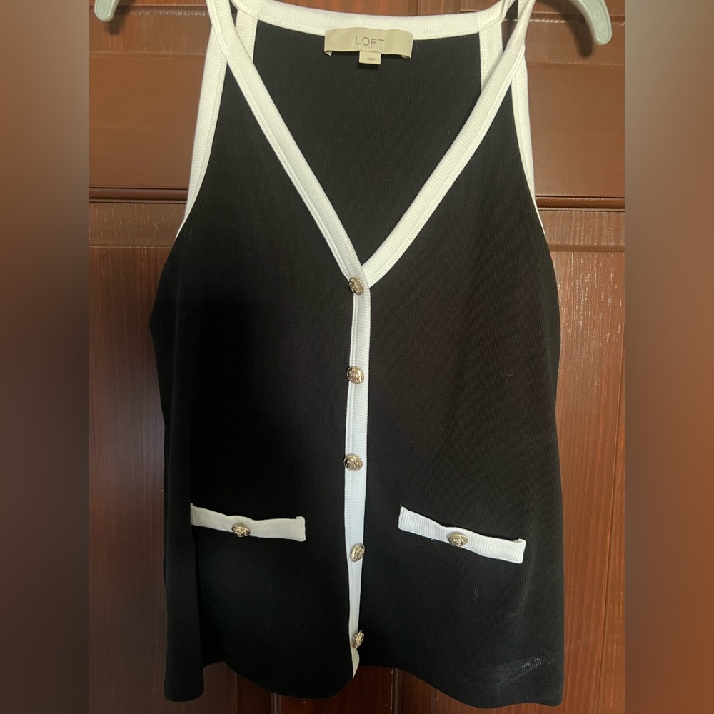 LOFT Black Sleeveless Tank with White Trim and Gold Buttons